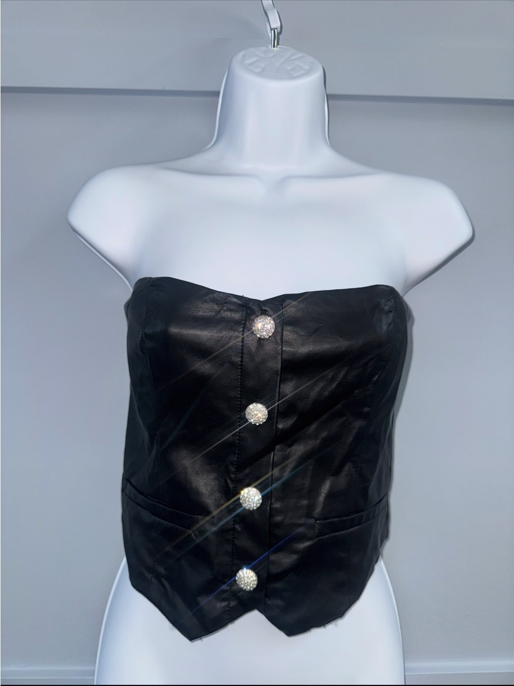 Olivaceous Black Strapless Faux Leather Corset Top with Rhinestone Buttons